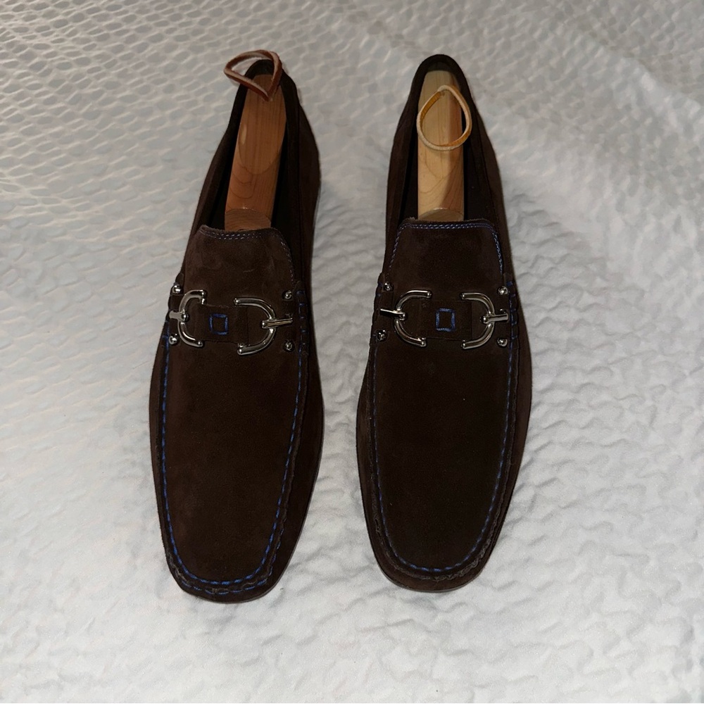 Donald J. Pliner Brown Suede Loafers with Blue stitching accents